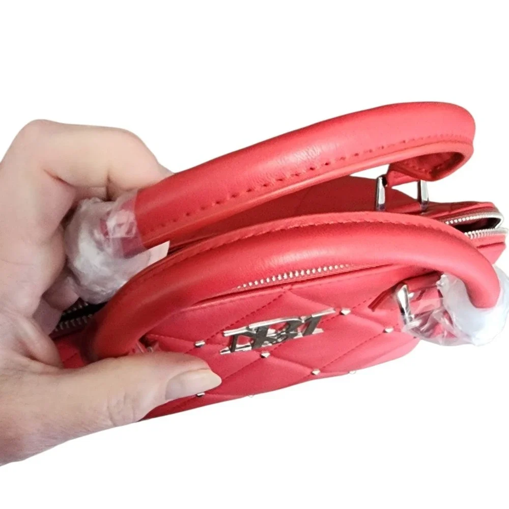 Badgley Mischka Red Quilted Satchel with Silver Hardware - Picture 5 of 11